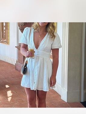 Anthropologie White V-Neck Button-Front Mini Dress